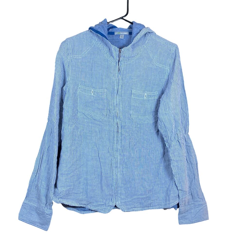 Horny Toad Women Jacket Blue White Striped Full Zip Hooded 100% Organic Cotton S